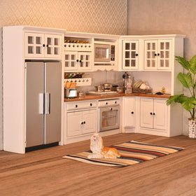 iland dollhouse kitchen modern cabinets close-up shows authentic detailing for imaginative play