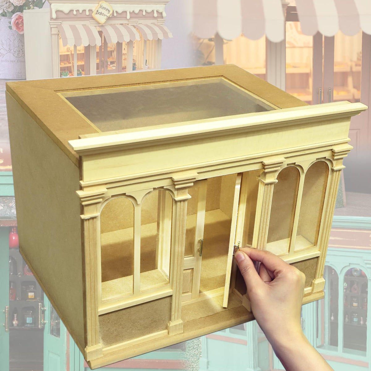 iland Wooden Dollhouse Room Box exterior showcases sturdy craftsmanship for display.