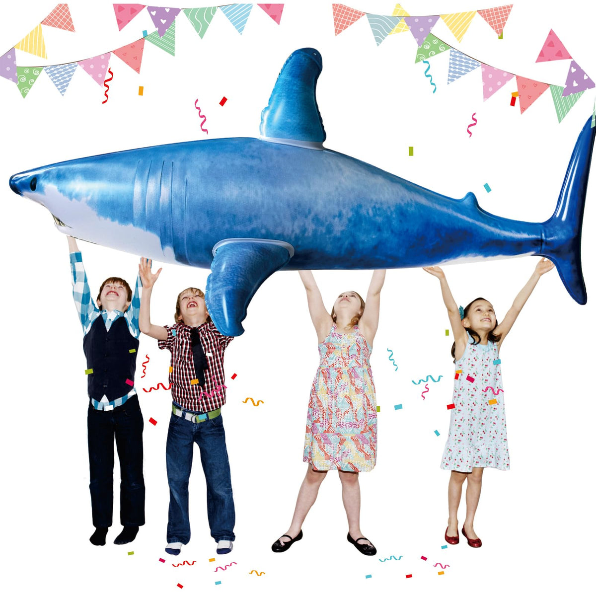 ILEISURELY extra-large shark pool toy showcased in a sunny pool setting