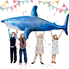 ILEISURELY extra-large shark pool toy showcased in a sunny pool setting