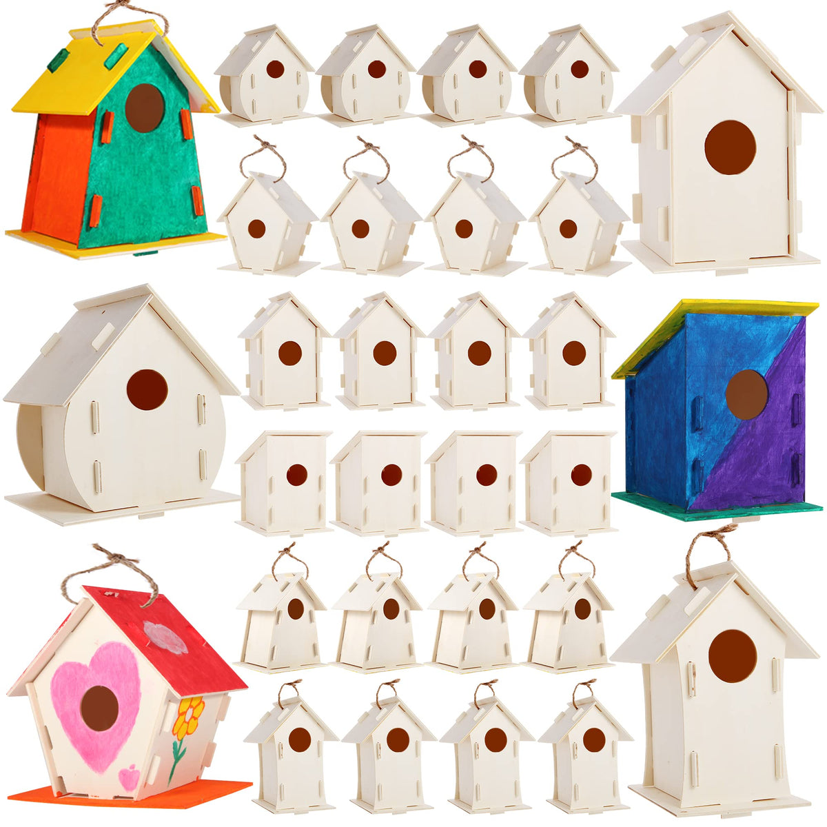 ILHSTY 18-pack paintable wooden bird house kit, kid-friendly, easy classroom craft.