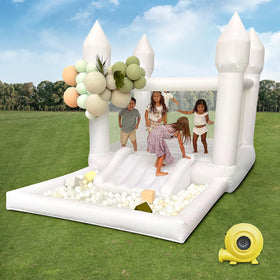 iLink-outer white bounce house assembly demonstrates quick setup and portability