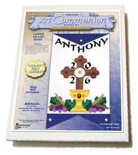 Illuminated Ink banner with blue cross for First Communion ceremonies.