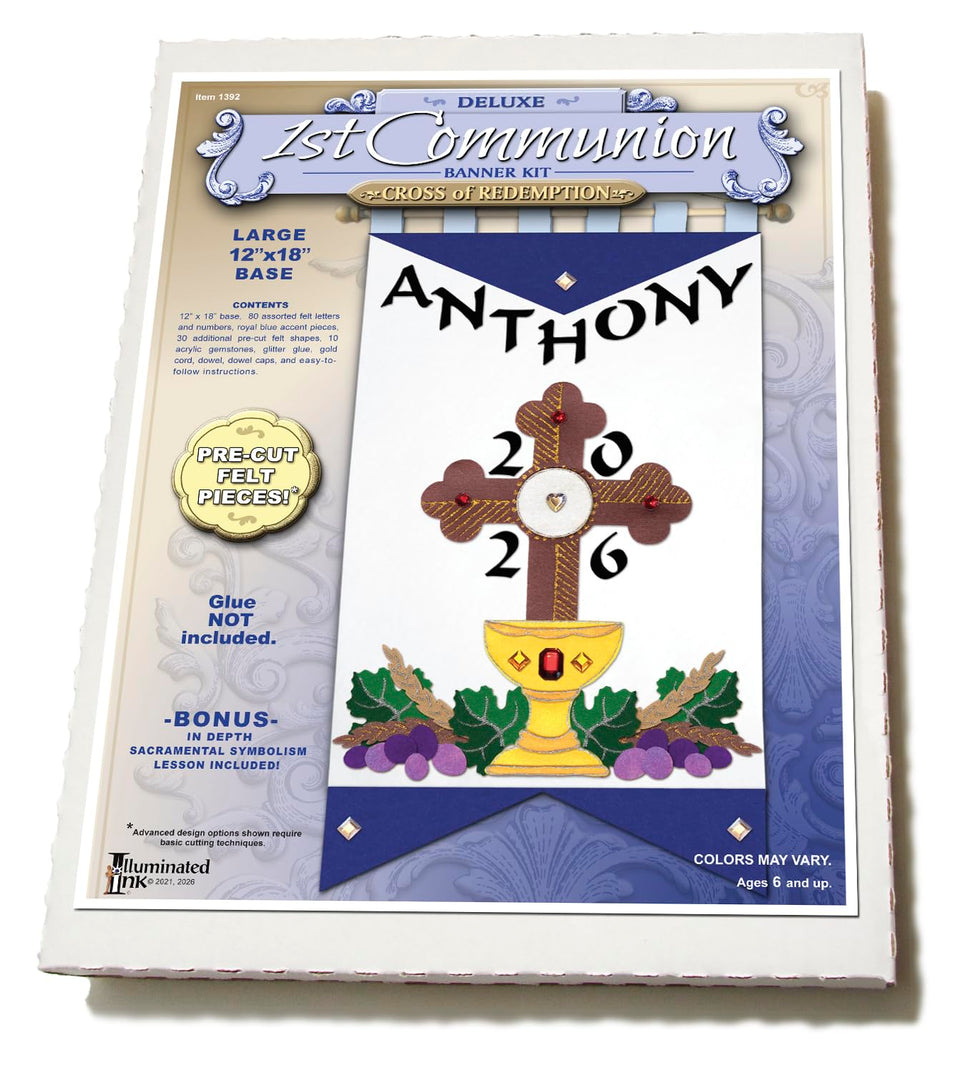 Illuminated Ink banner with blue cross for First Communion ceremonies.