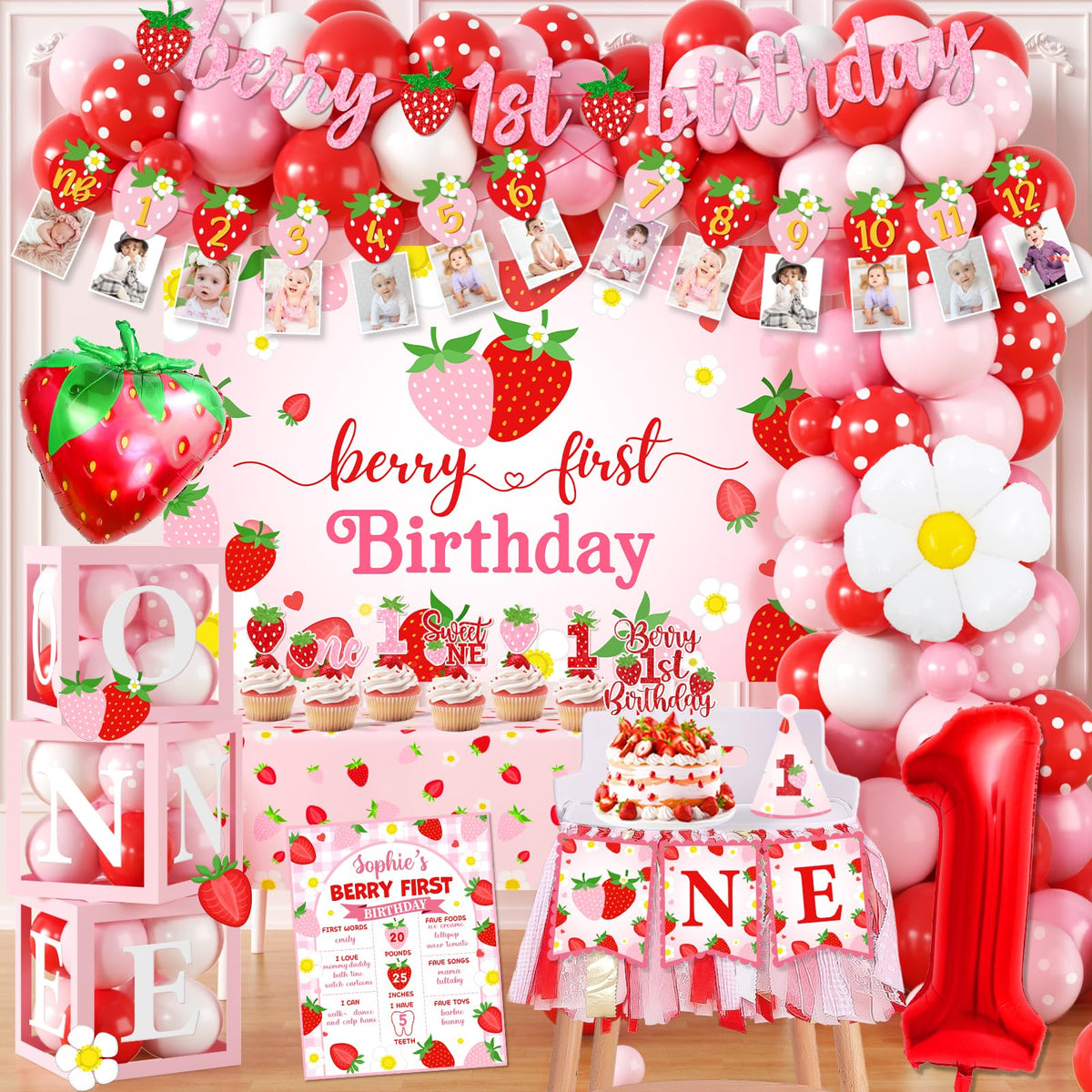 ILUIGGW berry first birthday banner, bright strawberry charm enhances photos