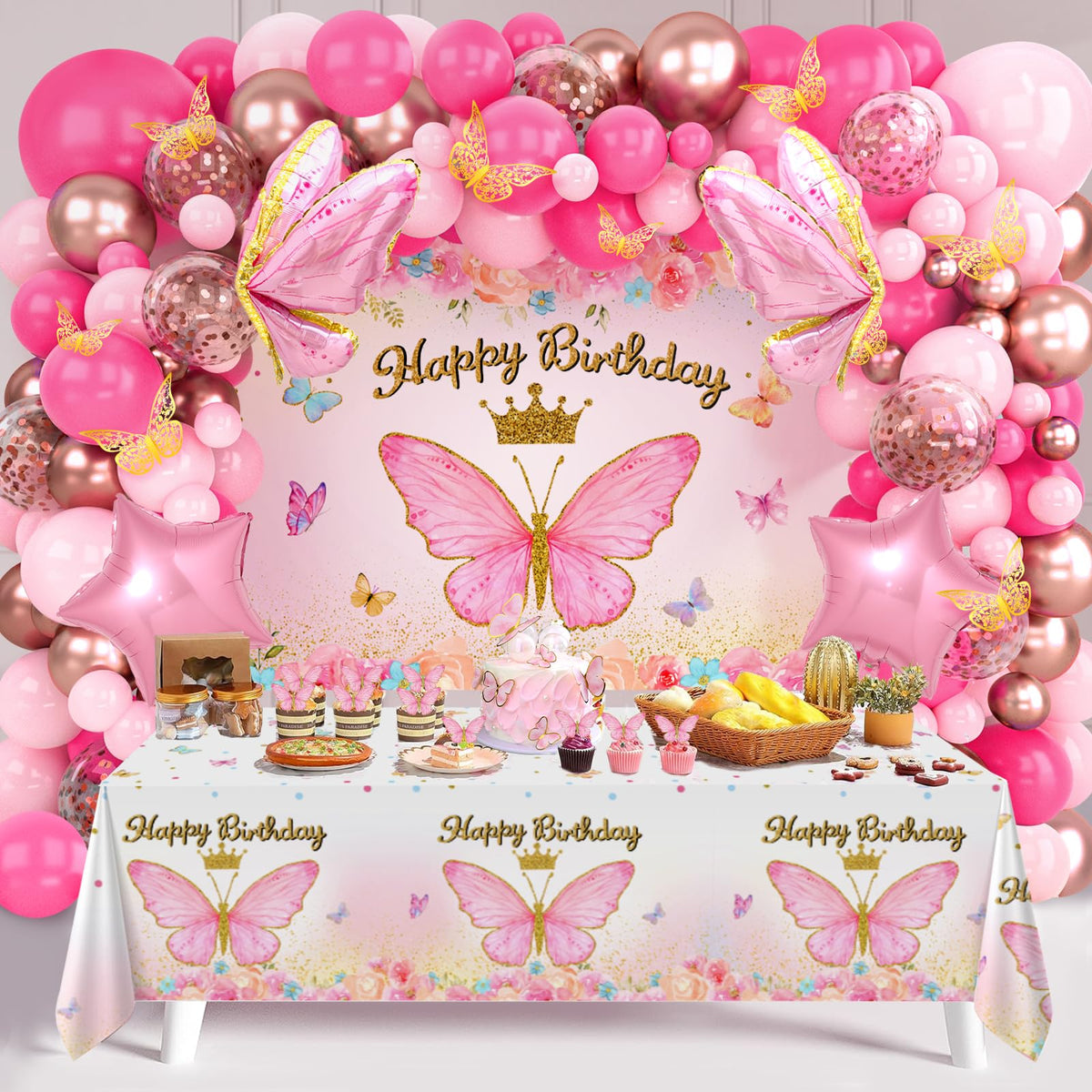 FengRise pink balloon arch kit banner setup for a photo-ready birthday backdrop