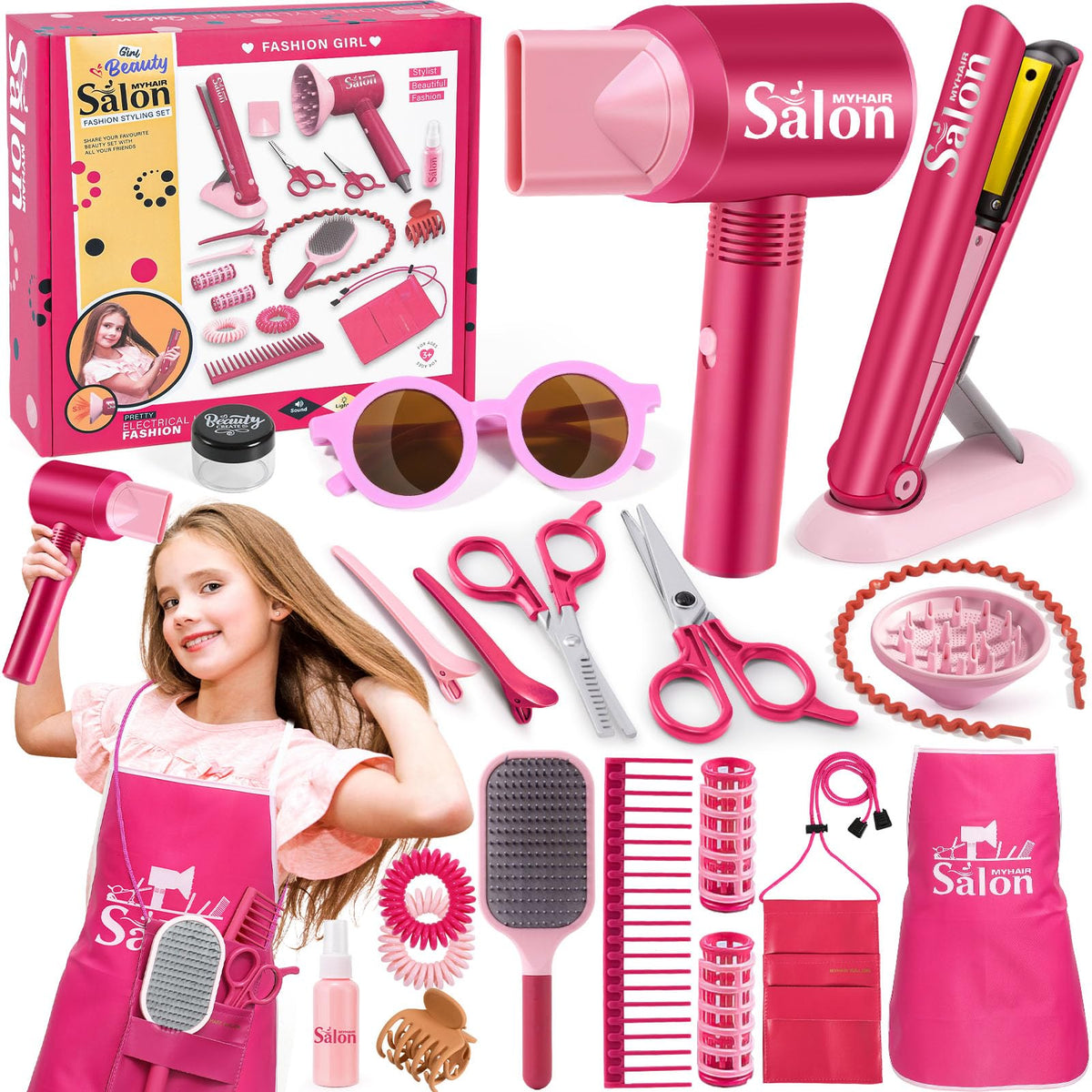 G.C Girls Hair Salon Toys – Pretend Play Hair Styling Kit with Realistic Blow Dryer, Straightener & Apron