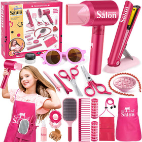 G.C Girls Hair Salon Toys – Pretend Play Hair Styling Kit with Realistic Blow Dryer, Straightener & Apron