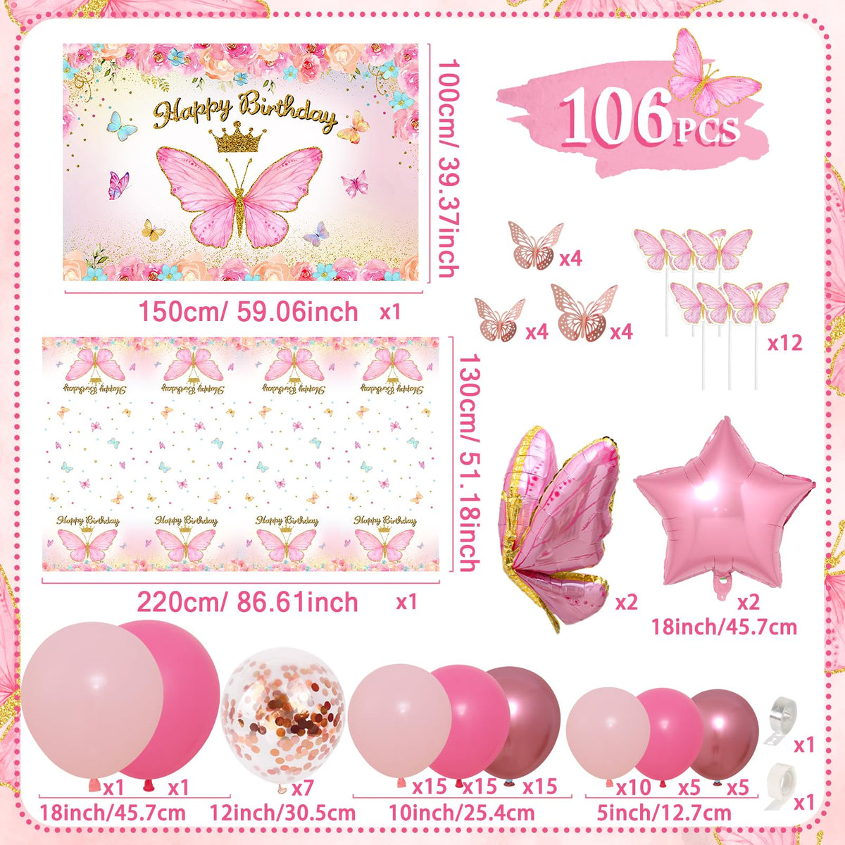 FengRise 3D butterfly foil balloons and stars add shimmer accents