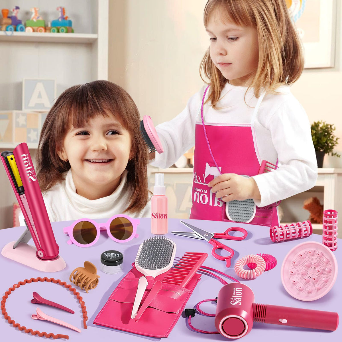 G.C Girls Hair Salon Toys – Pretend Play Hair Styling Kit with Realistic Blow Dryer, Straightener & Apron