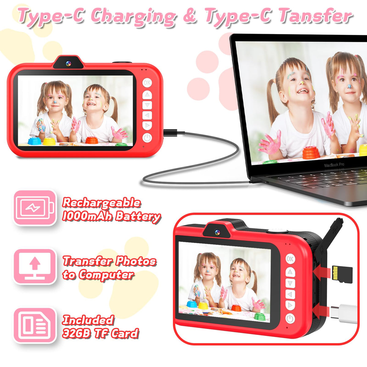 CHAKEYAKE Kids Camera – Rotating Zoom Lens, 3.5” Screen, 1080P Toy Camera with 32GB Card