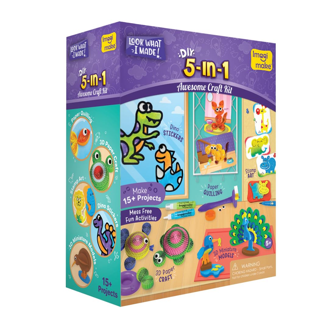 Imagimake 5-in-1 craft kit box open showing organized project boxes for mess-free play