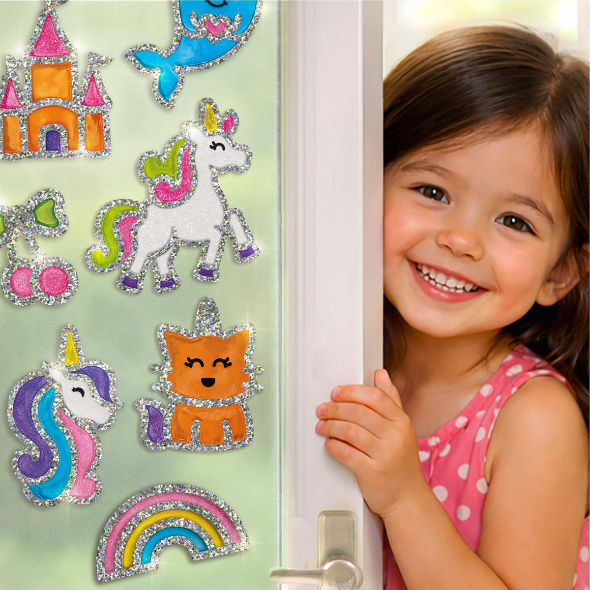 Imagimake finished jelly stickers decorating bottles and mirrors for playful rooms.