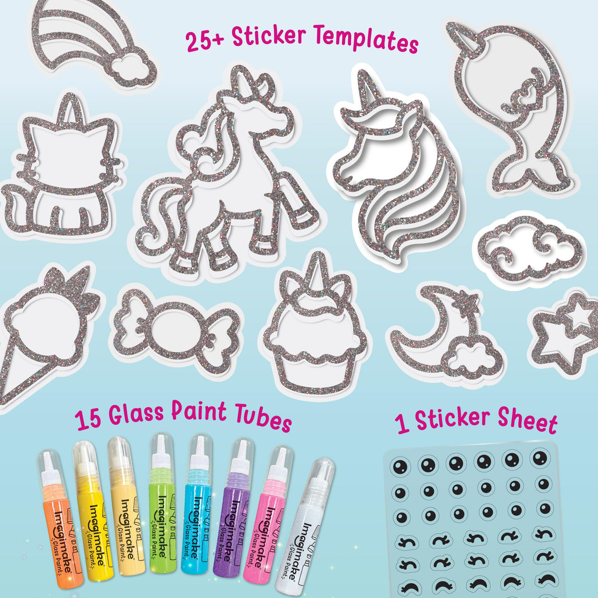 Imagimake glass paints tubes for jelly stickers, vivid colors for glass painting fun.