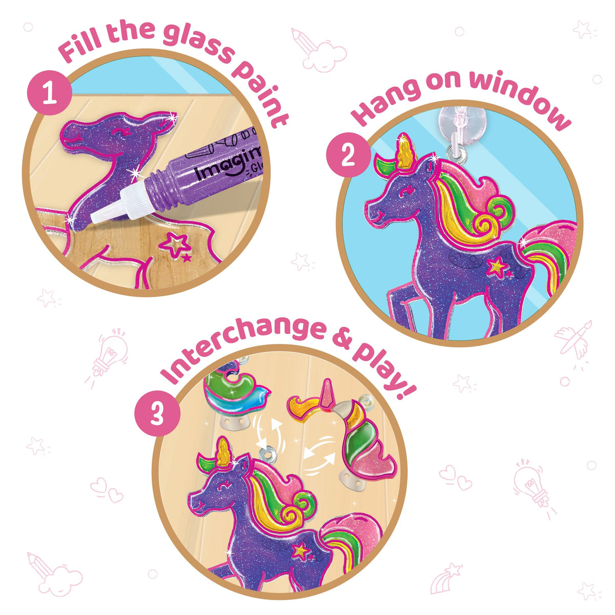 Interchangeable pieces enable 64 unique unicorn designs for creative play.