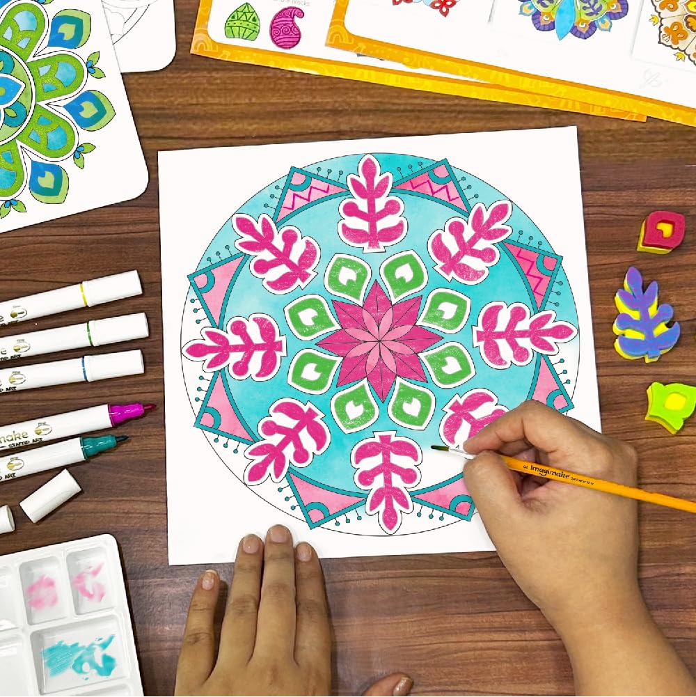 Imagimake motif blocks help create precise mandala patterns