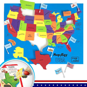 Imagimake Mapology USA frame puzzle shows 50 state shapes for hands-on geography learning.