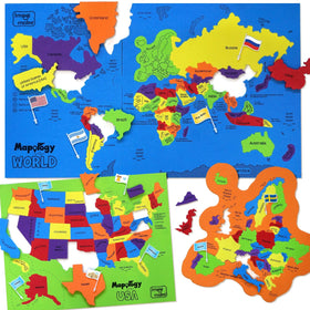 Imagimake Mapology puzzle box featuring USA and World maps for curious learners