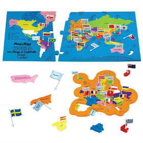 Imagimake Mapology world map puzzle pieces laid out for geography learning at home