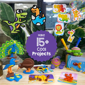 Imagimake stamp art activity with colorful stamps for creative shapes and patterns