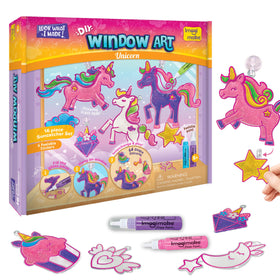 Imagimake Window Art Unicorn kit creates shimmering unicorn suncatchers for bright windows.