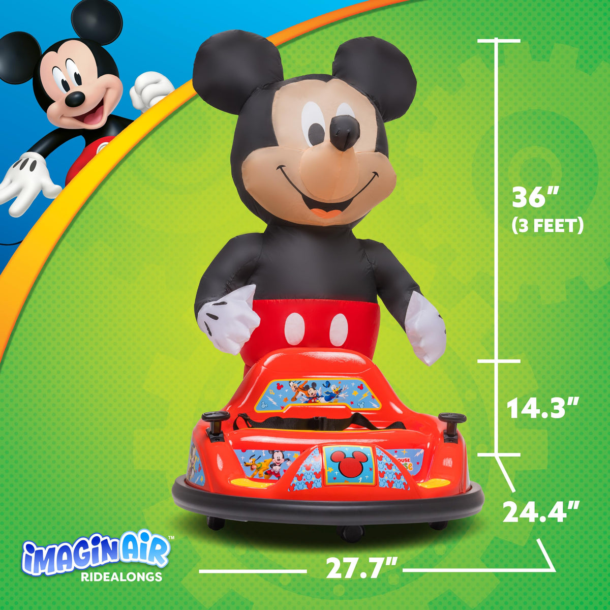 Imaginair 6V Mickey Mouse bumper car performs 360-degree spins for giggly steering.