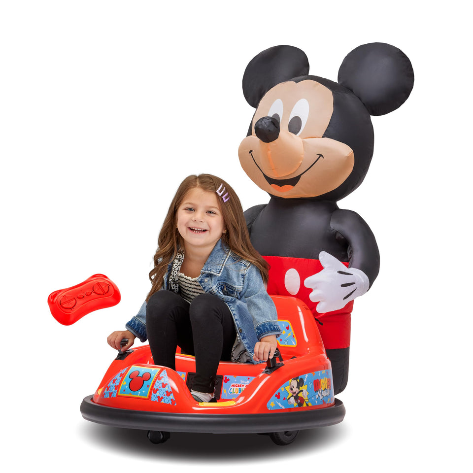 Imaginair 6V Mickey Mouse bumper car front view with safe inflatable bumper and kid-friendly design.