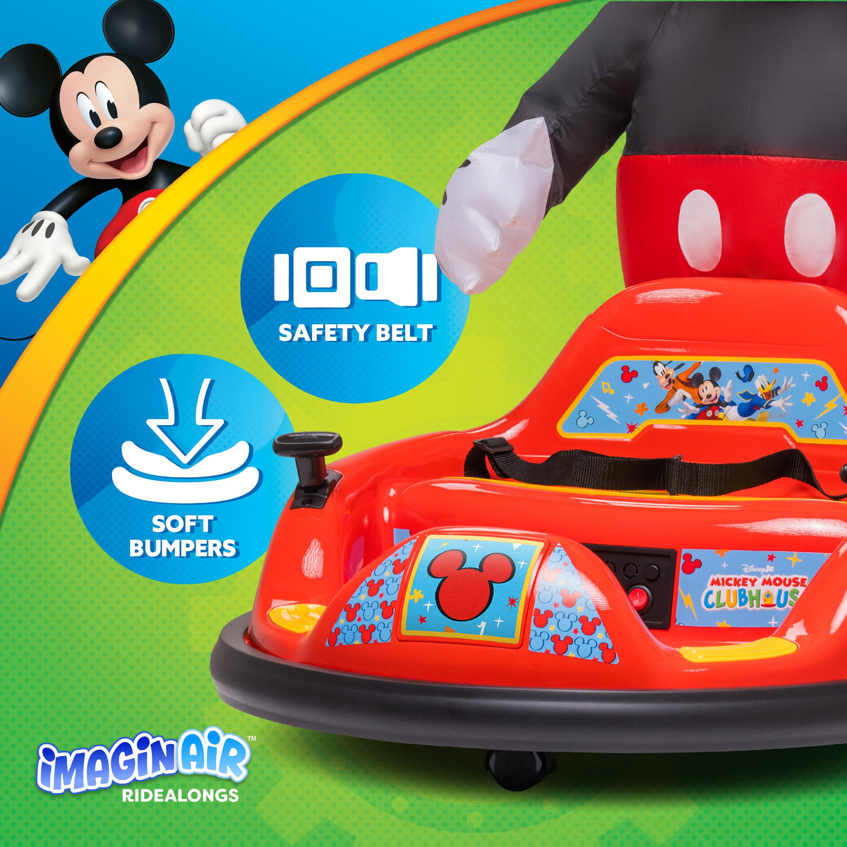 Imaginair 6V bumper car includes seat belt and backrest for secure rides.