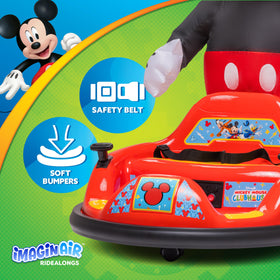 Imaginair 6V bumper car includes seat belt and backrest for secure rides.