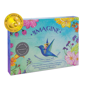 Imagine Meditation Cards for Kids cover, award-winning mindfulness kit for families.