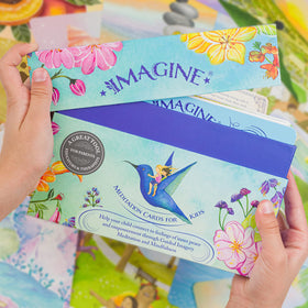 Imagine Meditation Cards for Kids spread with 24 scripts for kid-friendly mindfulness.