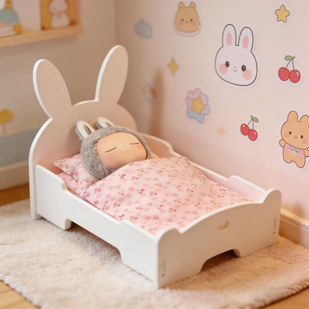 IMAKARA blanket with heart cherry pattern adds charm to doll bedrooms.