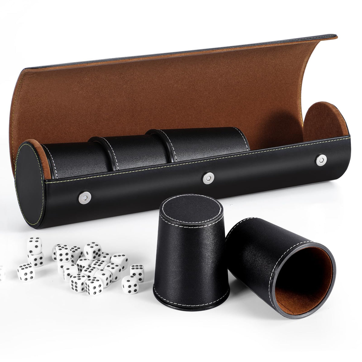 ImnBest leather dice cup set with five cups, ready for game night.
