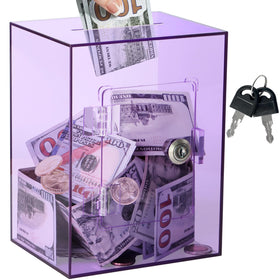 Imeepa clear piggy bank with lock in purple shows visible savings progress.