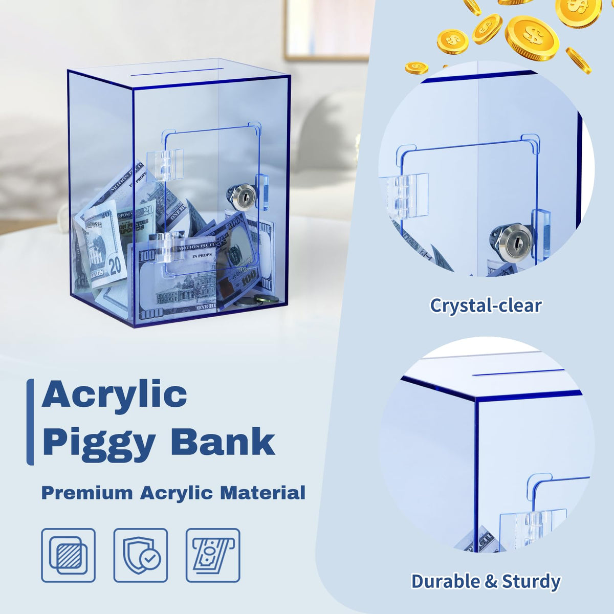 Imeepa large-capacity blue piggy bank holds thousands of coins and hundreds of bills