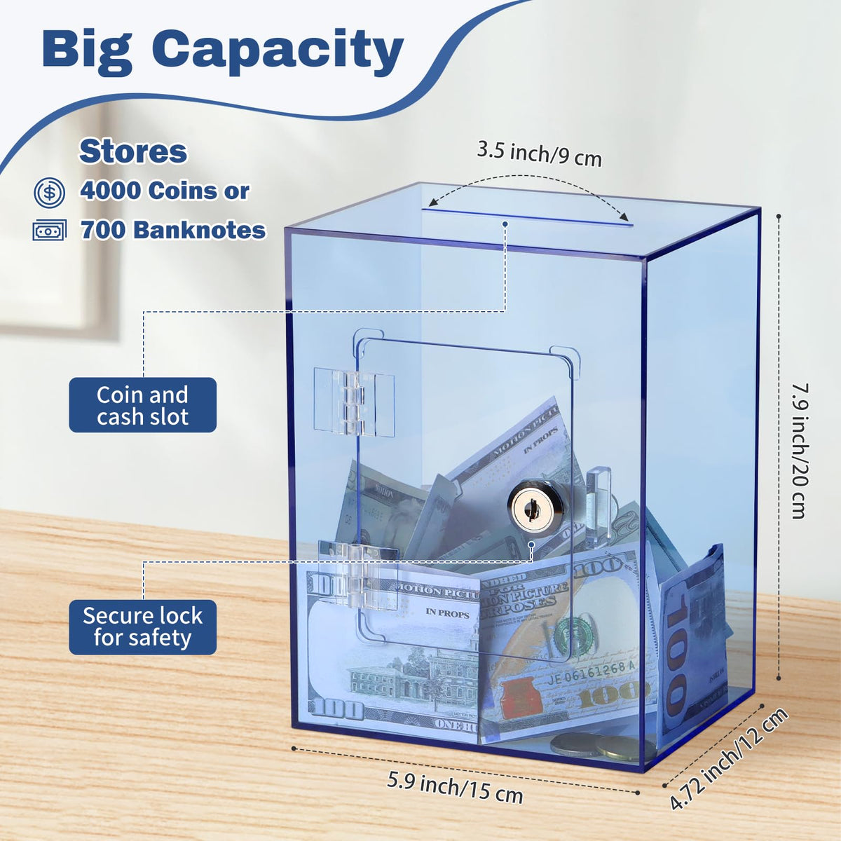 Imeepa locking mechanism blue piggy bank keeps funds secure and accessible