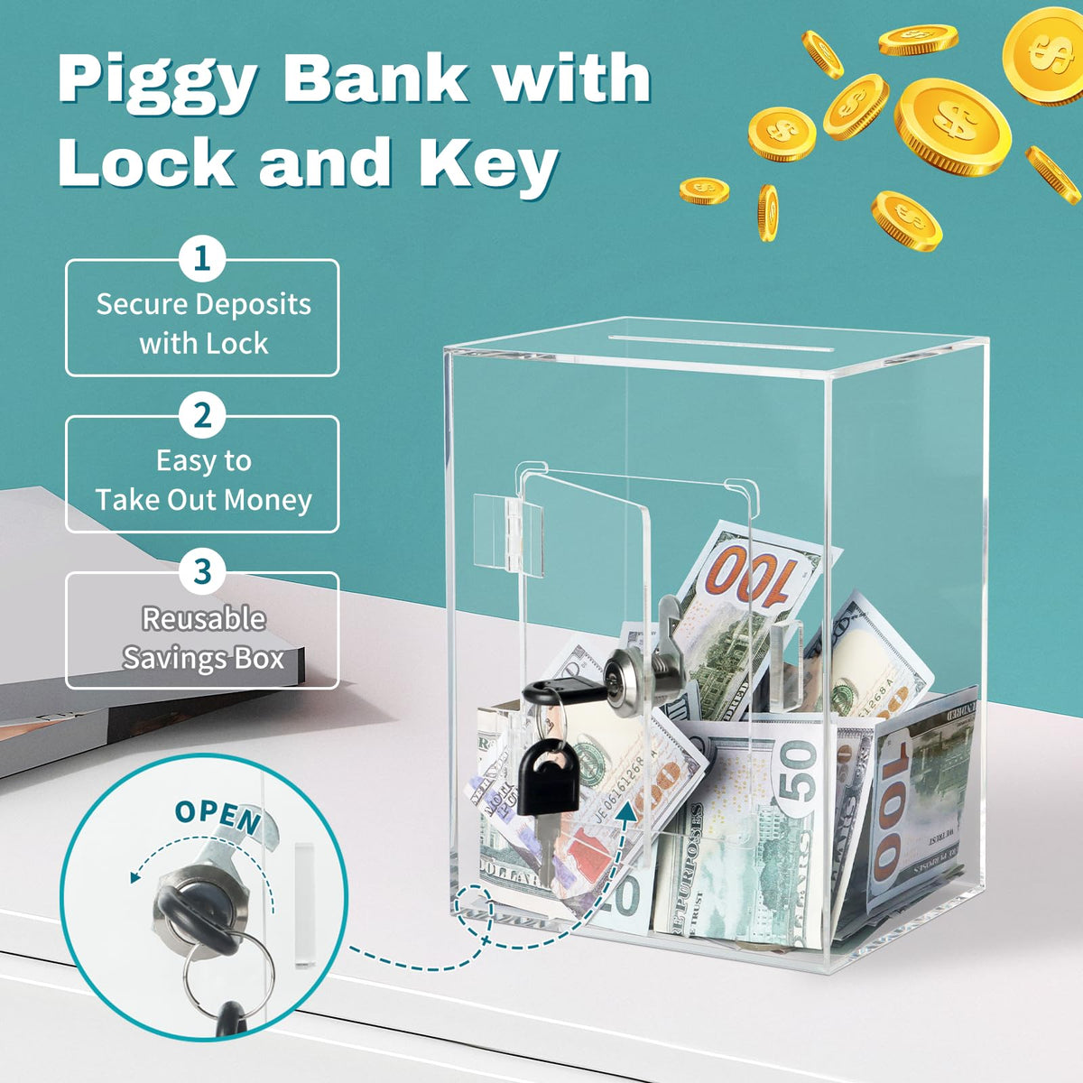 Imeepa piggy bank slot – wide opening for quick deposits of bills and coins.