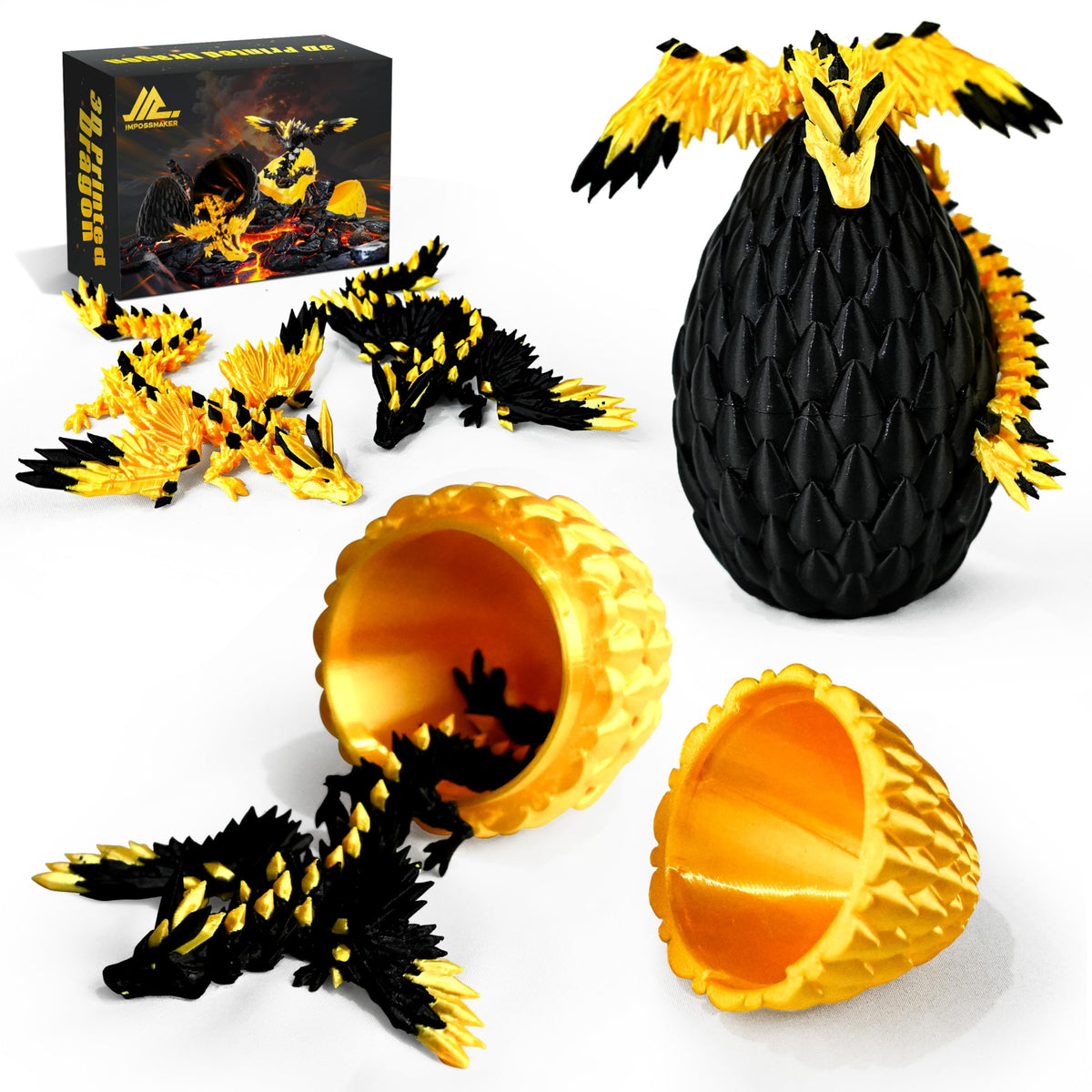 Impossmaker dragon egg black-gold exterior shows dual-tone craftsmanship for display.