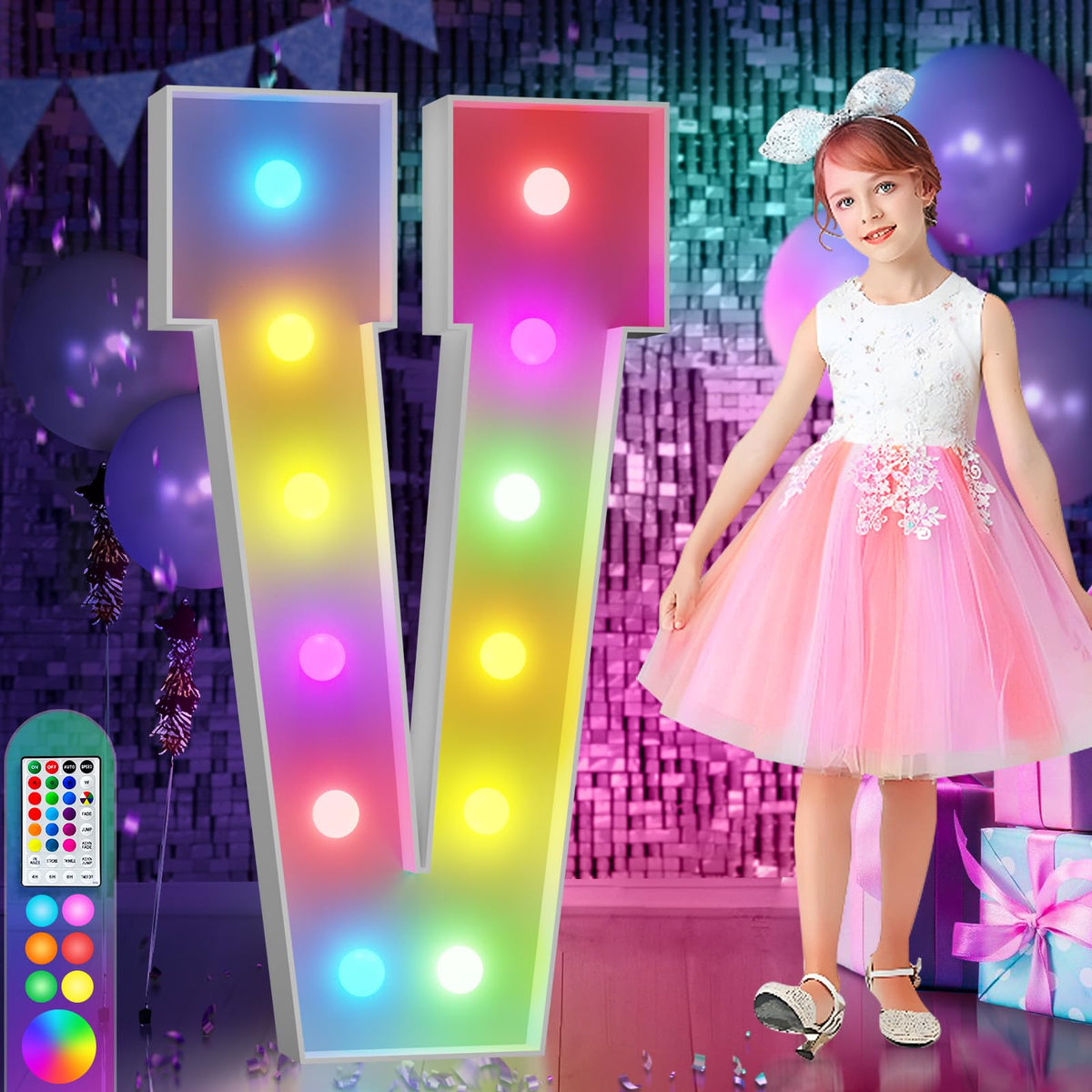 Imprsv 4ft colorful marquee letters with remote control for easy party lighting.