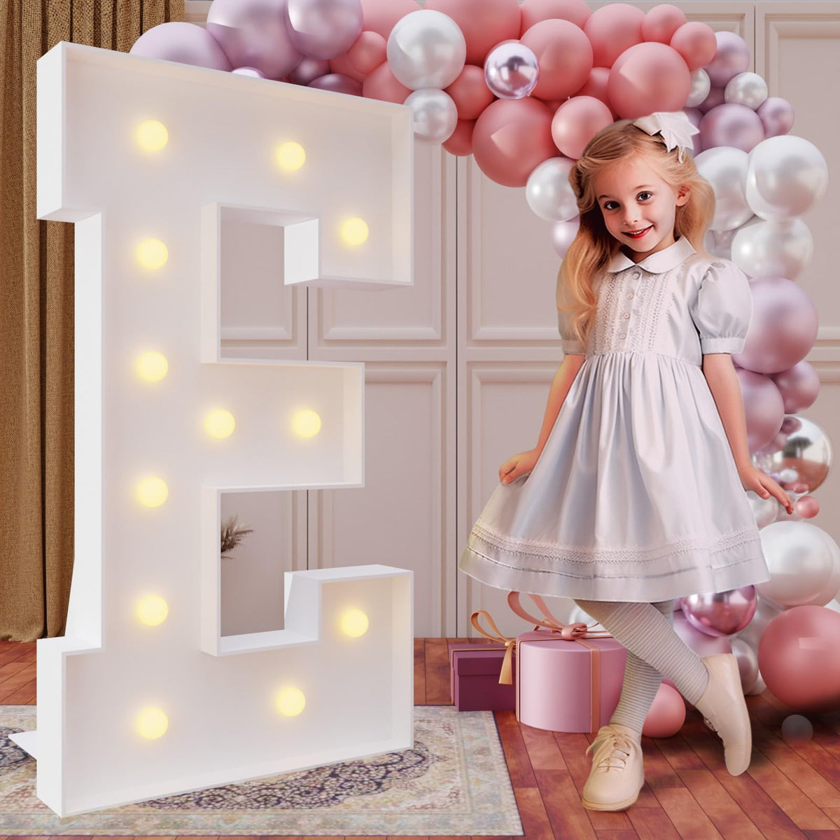 imprsv 4ft marquee letter E with frame, ideal party centerpiece.