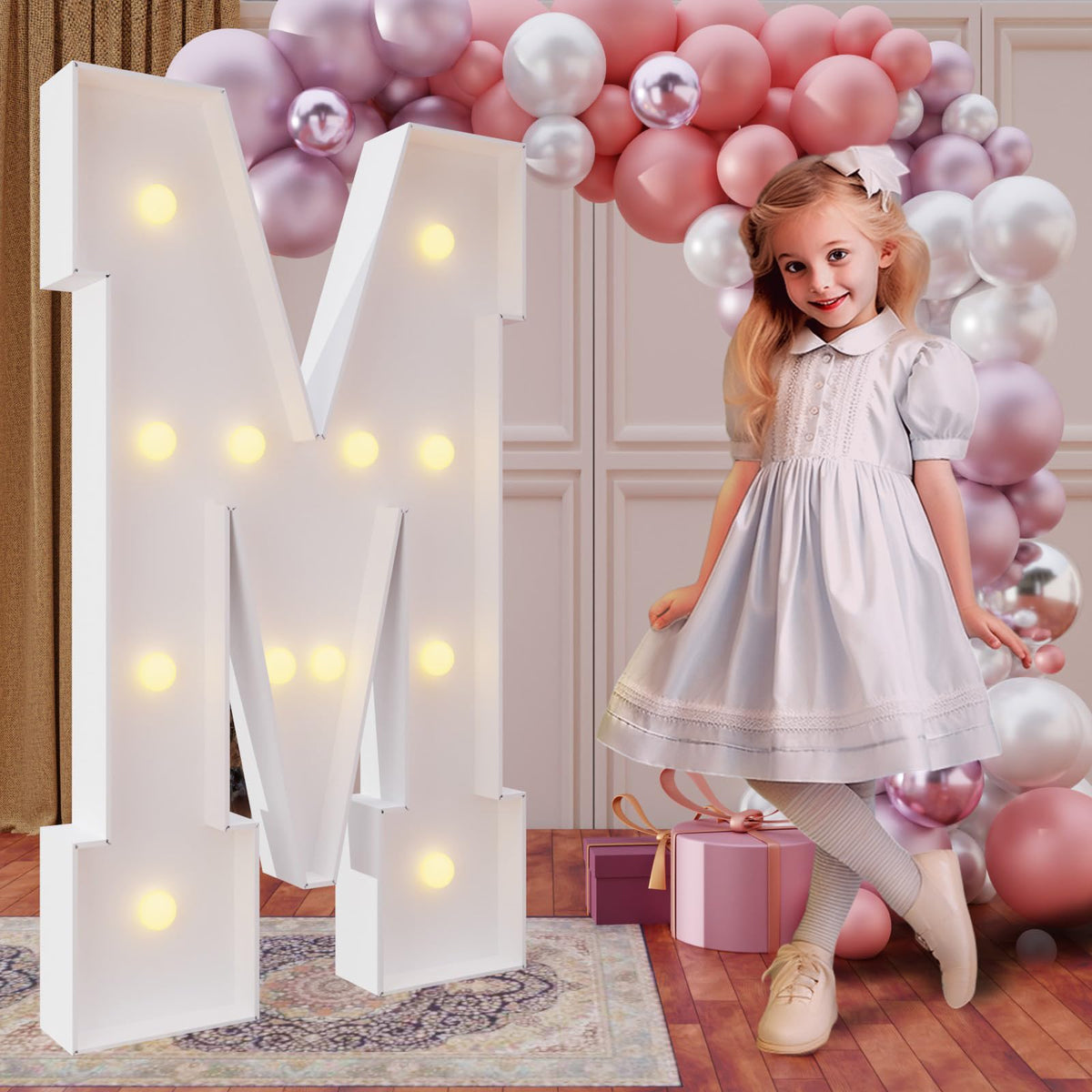 imprsv 4ft marquee letter M assembled as a bold party backdrop for photos