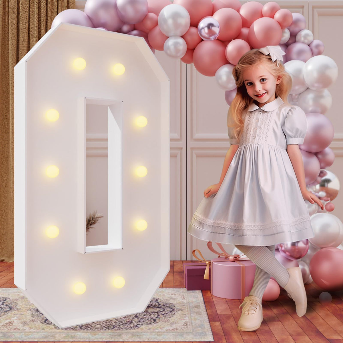 imprsv 4ft marquee letter O lit up for a birthday party backdrop