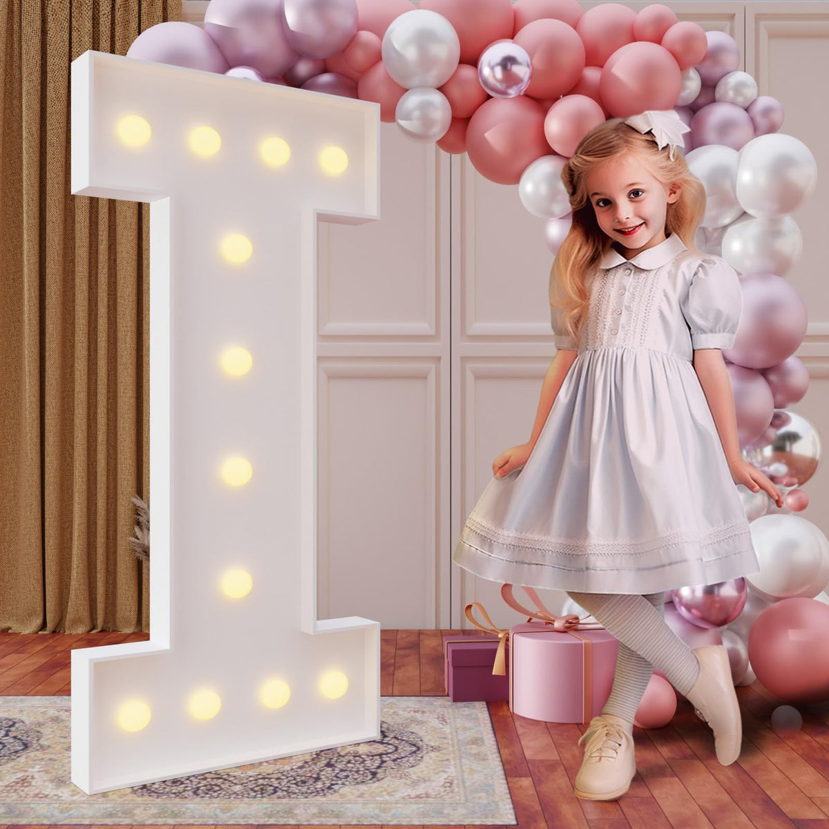 imprsv 4ft marquee letter I illuminated as wedding backdrop