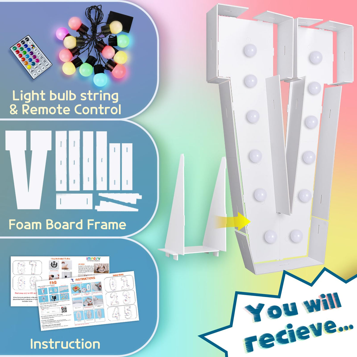Imprsv assembly instructions included to guide easy setup of marquee letters.