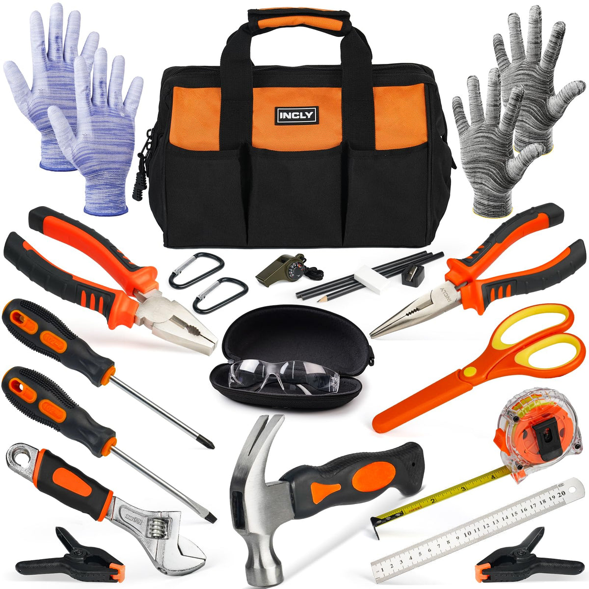 INCLY 24-pcs kids tool set front view for interactive DIY projects.