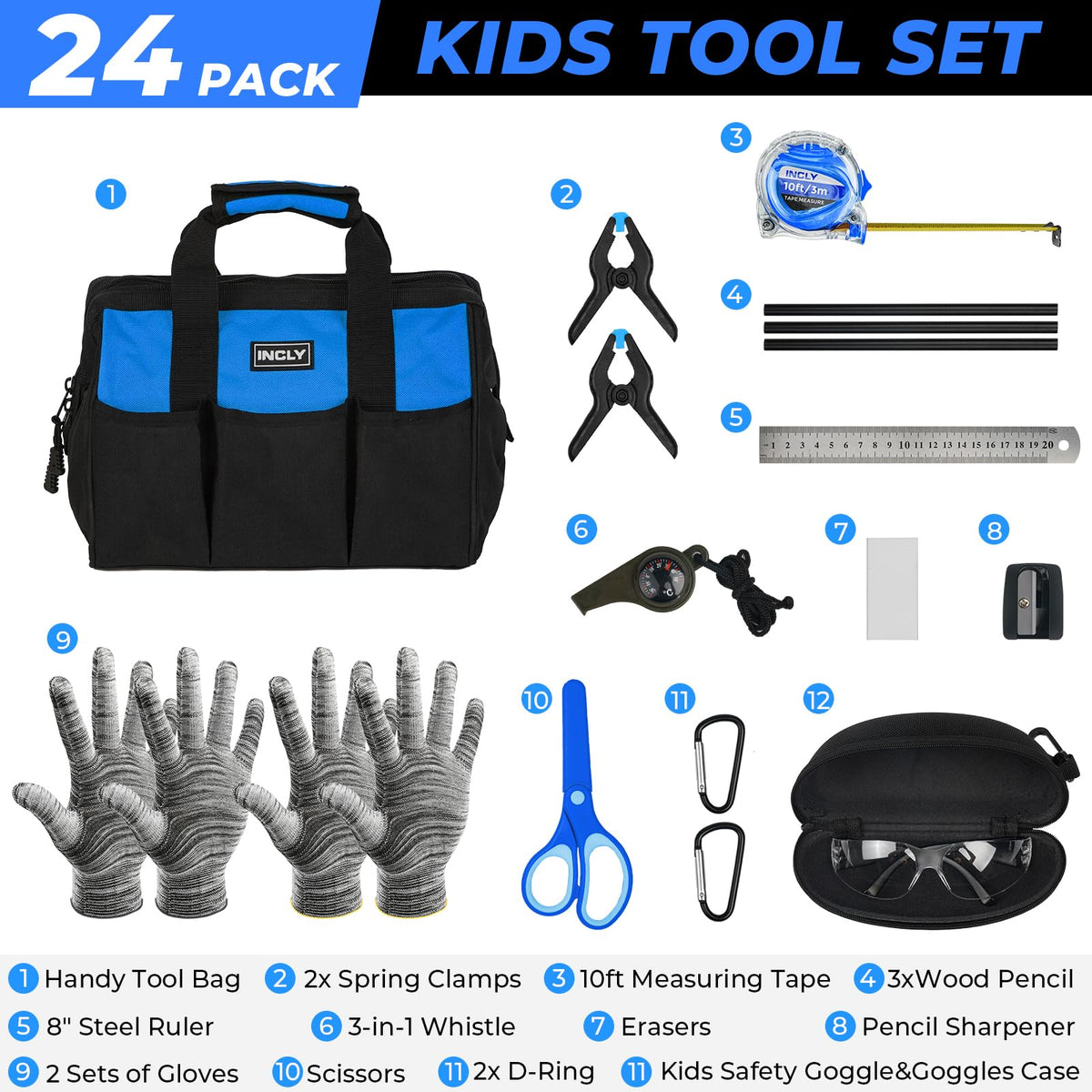 INCLY 24 PCS kids tool set screwdriver supports kid-friendly repairs and learning.