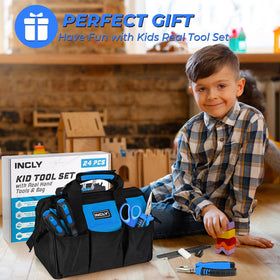 INCLY 24 PCS kids tool set tool bag keeps tools organized and accessible.