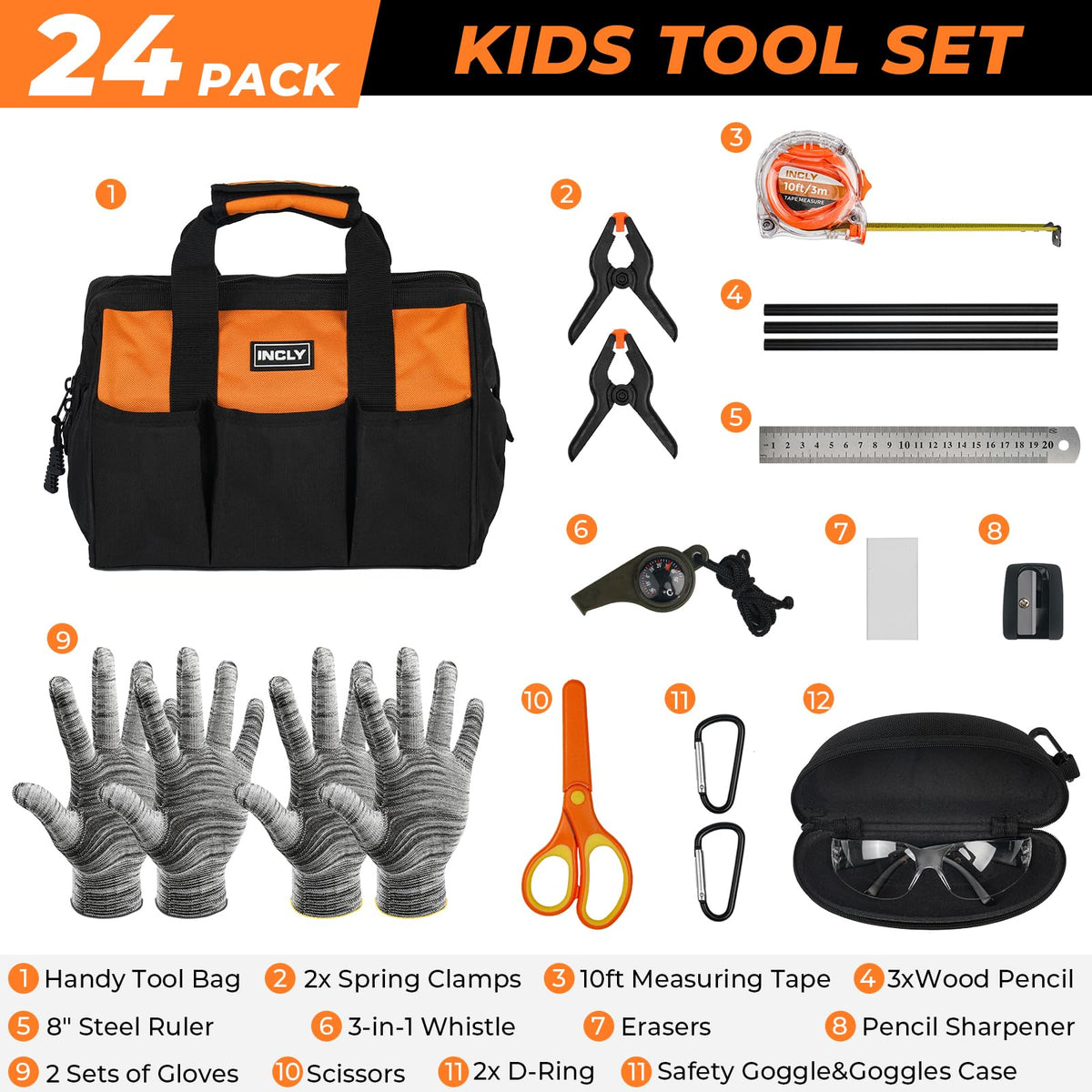 INCLY kids tools including hammer and screwdriver for real-life building tasks.