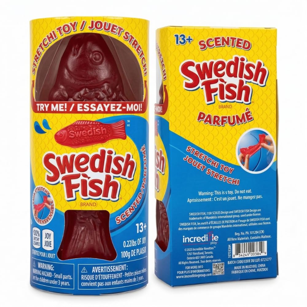 Incredible Group Swedish Fish scented squishy red fish closeup showing branding and texture.