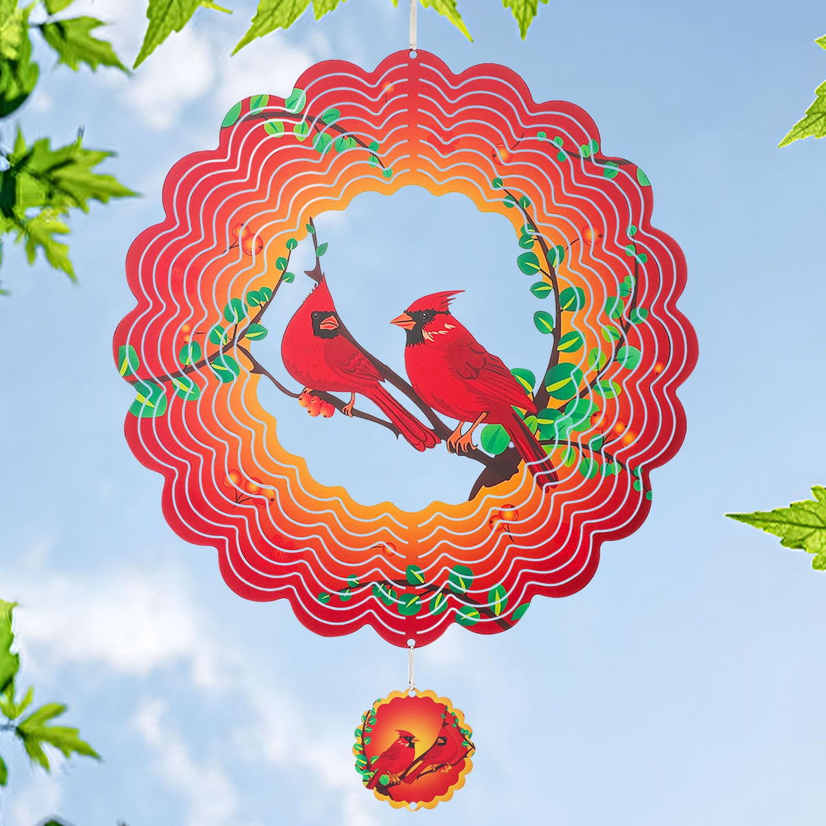 INCROYDAY Cardinal Wind Spinner close-up showing vivid laser-cut detailing for outdoor decor